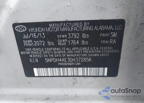 2013 Hyundai Elantra Gls z USA, uszkodzony, nr VIN 5NPDH4AE3DH372856